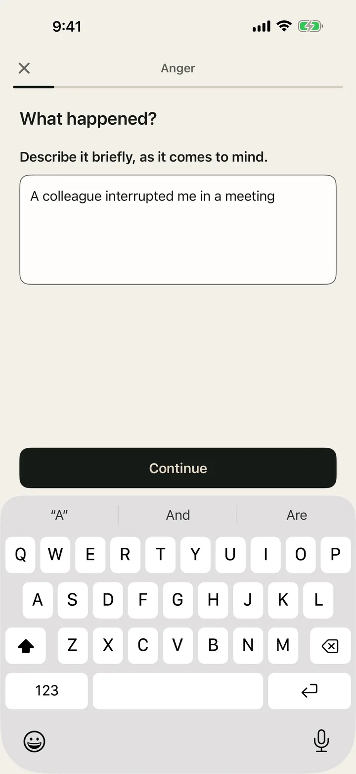 The first step of the Anger exercise asks “What happened?” with an optional text field.