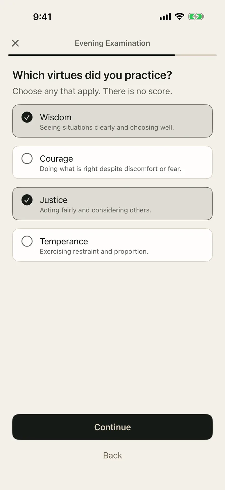 The Evening Examination asks which virtues you practiced today, with no score.