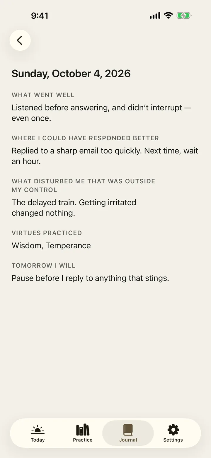 A journal day in Stoic Practice showing the morning practice and the evening examination entries.