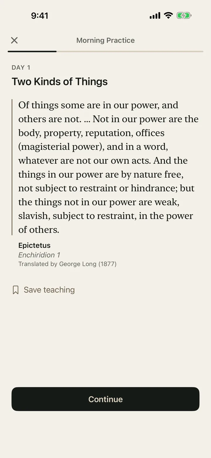 A Morning Practice passage from Epictetus’s Enchiridion, with its translator and year, in Stoic Practice.